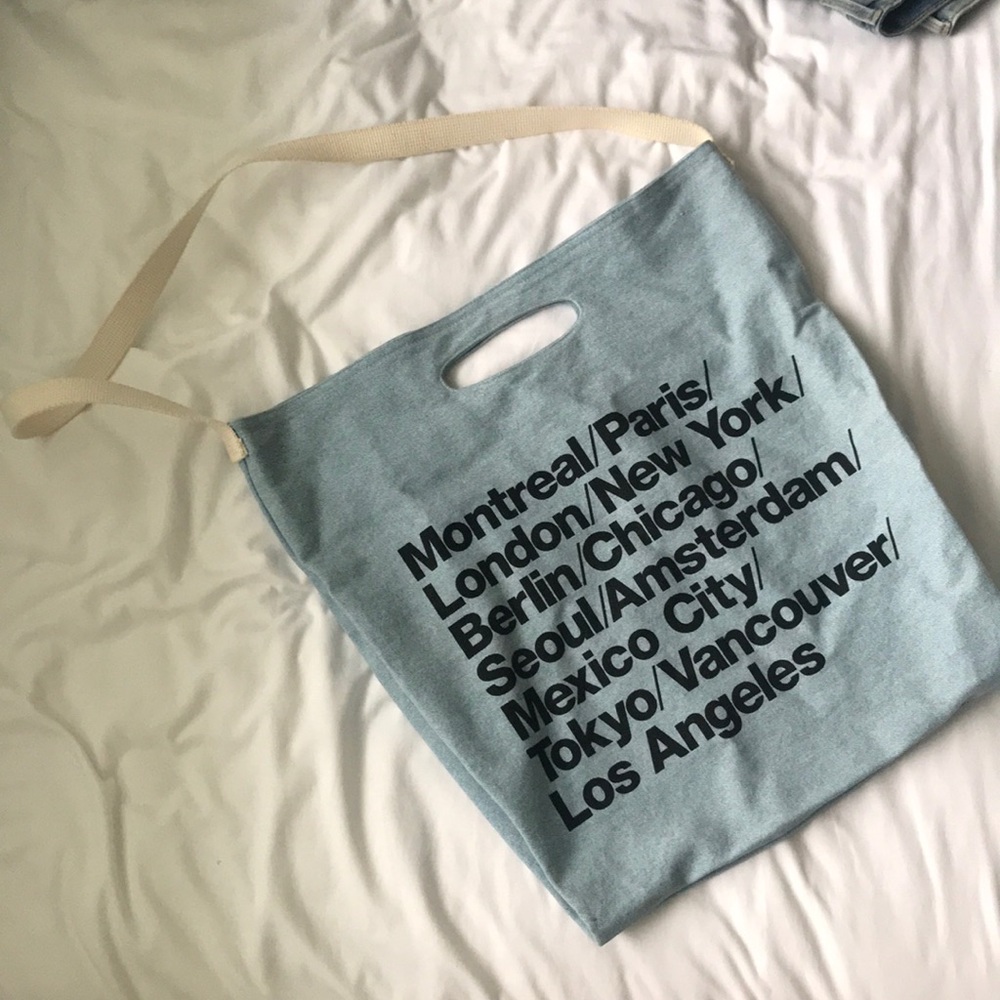 Light Wash Cities Print Denim Oversized Tote